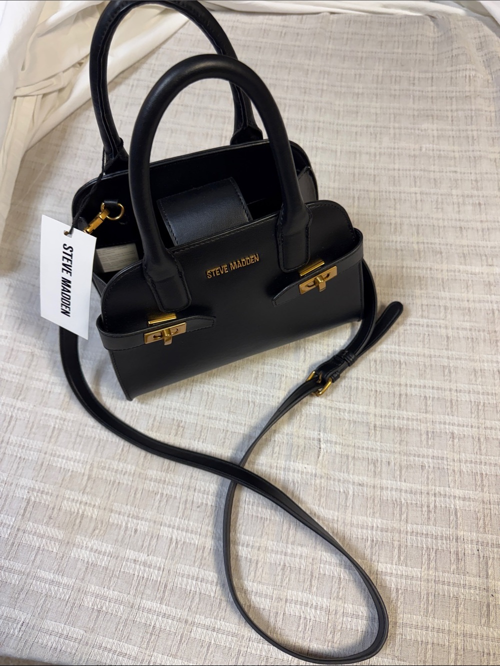 Steve Madden Black Leather Mini Satchel with Gold Hardware - Picture 1 of 8